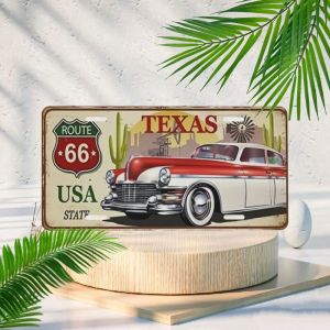 Vintage Route 66 Texas USA Aluminum Plaque Classic Retro Car Cactus Pattern Wall Art for Home Garage Bar Man Cave Wall Hanging