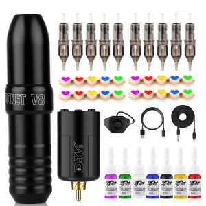 โรตารีไร้สายสักชุดเครื่องสักชุด 10 ชิ้นเข็มเข็ม 7 สีถาวรเครื่องมือแต่งหน้าสําหรับศิลปินสัก