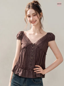 KBVVR | Lace Ruffles V-Neck Puff Sleeve Summer Short French Waist-Shaping Shirt