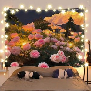 VIKAMA Sunset Golden Mountain Pink Rose Landscape Tapestry Healing Background Cloth Dormitory Decoration Tapestry Room Decor