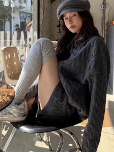 American Grey Twist Knitted Loose Fashion Pants Set Super Slimming New Lazy Sweater Two-Piece Set Korean Style Polyester Fiber