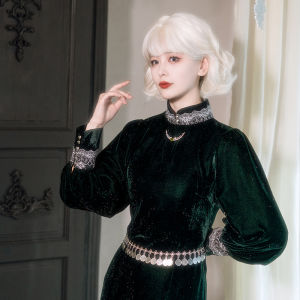 Crimson Moon Magic Green Velvet Long Qipao Sparkling Velvet Flag Robe Snake System Magic Feeling Long Sleeve Warm Polyester