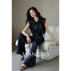 Áo Sơ Mi Và Quần Ống Rộng Bằng Vải Satin Có Cảm Giác Mát Mẻ Chi Tiết Xếp Ly Eo Thắt Lưng Thiết Kế Nhỏ Mùa Hè 2024 Chất Liệu Polyester