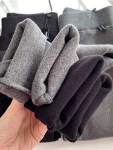 Spring Autumn High Waist Slim Fit Cotton Pants for Women with Fleece Lining Elastic Waist Black Outside Wear Thickened