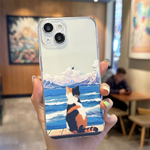 Creative Cat View Sea Phone Case  Style Couple  17 XR Transparent Soft Shell 16 15 pro Max 14 plus 13 12 Mini 11
