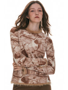 SOLWEIGE Original ดีไซน์ Retro ทันสมัย เดนิม ยืดได้ เสื้อยืดแขนยาวพิมพ์ลาย Suede พร้อมขนกระต่าย ปกเสื้อ ผู้หญิง เสื้อท่อนบน