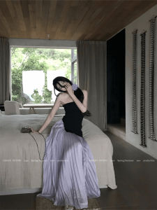 Unique Beautiful Womens Black Strapless Top And Purple Mini Skirt Set Fashionable Anti-Aging Clothing Short Sleeve round Neck