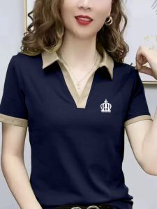 Cotton T-Shirt for Women Loose Fit Short Sleeve Polo Shirt Summer Style Geometric Pattern Casual Work Clothing