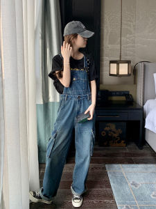 Removable Denim Overalls Womens Summer Short Sleeve T-Shirt Fashionable Wide Leg Pants Two-Piece Set High Waist Jeans