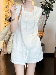 Shalldoer | ชุดเสื้อแขนกุดผ้าลูกไม้สไตล์ลำลองสำหรับผู้หญิงในช่วงฤดูร้อนปี 2025 ชุดกระโปรงสั้นเอวยางยืดสองชิ้น ชุดทำงานลำลองสำหรับผู้หญิง