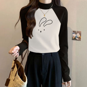 เสื้อยืดคอกลมแขนยาวผู้หญิงสไตล์อเมริกัน ทรงสลิมฟิต ดีไซน์ใหม่ ฤดูใบไม้ร่วง/ฤดูหนาว เสื้อชั้นในผ้าฝ้ายผสมโพลีเอสเตอร์