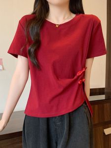 Plus Size Stylish Chinese Button Knots Shoulder Short Sleeve T-Shirt Womens Summer Plus Size Ladies Fashion Irregularly Slimming Bottoming Shirt