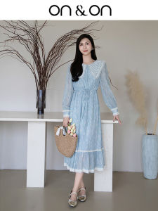 ON＆ON French Style Doll Collar Drawstring Waist Dress Mid-Length V-Neck Long Sleeve Polyester Fiber H-Shape Print Dress