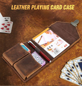 Genuine Leather Playing Poker Card Magic Card Protectors Cover with Pen A6 Notepad Holder Vertical Game Card Storage Box