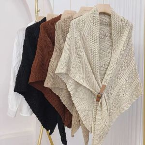 Warm Thickened Triangular Knitted Scarf with Leather Buckle for Women Spring Autumn Winter Fashionable Shawl Geometric Pattern Korean Style
