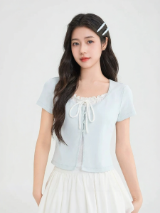 SANFU | Ruffled Tie-Bow Round Neck Slim Fit Womens T-Shirt