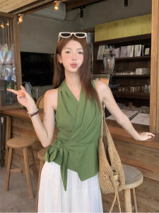 chaqi | French Green V-neck Cross Tie Sleeveless Shirt Vest Women Summer New High Waist Slimming Top Asymmetrical Design Casual Wear