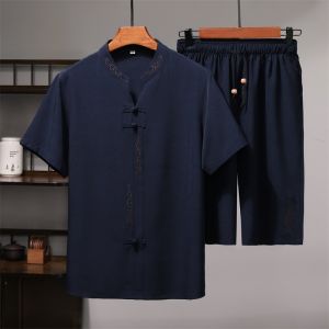 ROMON | Lormen Chinese Style Short Sleeve Shirt Summer Casual Mens Set Polyester Fiber Dads Outfit Flat Iron Treatment Required