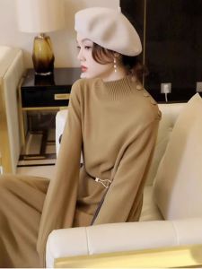 Womens Mid-Length Knitted Dress Half High Collar Sweater Skirt Autumn Winter New Style Elegant Versatile Knee-Length Dress