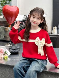 เสื้อสเวตเตอร์คอตั้งบุขนแกะหนาสำหรับเด็กผู้หญิง เสื้อผ้าเด็กฤดูใบไม้ร่วงและฤดูหนาว เสื้อผ้าเด็ก ชุดเด็ก สีแดง โบว์ผูกคอ ลายกลม เสื้อถัก