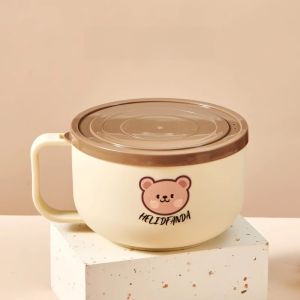 Large Size 304 Stainless Steel Ramen Bowl with Lid Cute Girl Heart Student Dormitory Meal Box Utensils Macaron Color Nordic Style