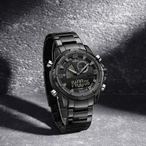 NAVIFORCE Original Mens Watch Quartz Pointer LCD Digital Display Date Calendar Stainless Steel Strap Waterproof Luminous Pointer Chronograph Mens Outdoor Multifunctional Watch NF9257