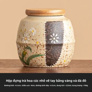 JISU | Hũ Đựng Trà Gốm Sứ Vẽ Tay Hoa Cúc Nhỏ Màu Xanh và Trắng Thiết Kế Mạ Vàng