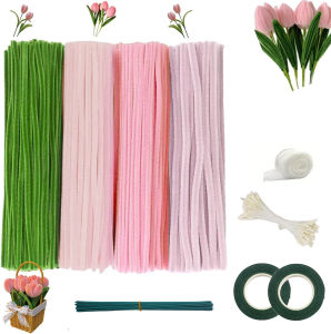 583Pcs Pink Pipe Cleaners CraftChenille Stems for DIY Flower Making Kit with Floral Wires Gardening TapeStamen& Ribbon