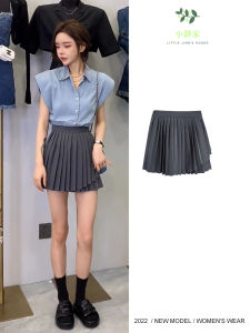 Váy Ngắn Xếp Ly Màu Xám Cạp Cao Phong Cách Hàn Quốc Cho Nữ Mùa Hè 2024 Váy Chữ a Thiết Kế Không Đều Thời Trang