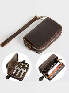 Mens Retro Crazy Horse Top Layer Cowhide Multi-Function Key Pouch Short Lock Key Bag Genuine Leather Zipper Coin Purse Card Holder
