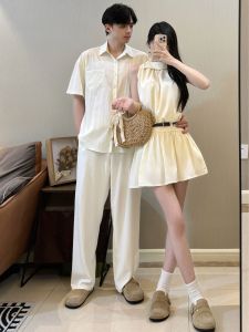 Couple Matching Summer Outfit A-Line Skirt Set Elegant Half-Length French Style Trendy High Waist Polyester Fiber Short Sleeve round Neck