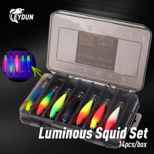 LEYDUN Luminous Horizontal Squid Jig Wood Shrimp Squid Hook 14pcs/Set Fishing Lures LEYDUN Octopus Cuttlefish Shrimp Baits