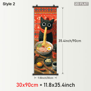 VIKAMA Japanese Ramen Black Cat Scroll Tapestry Cute Cat Eating Ramen Wall Decoration Retro Street-Style Poster Home Decor