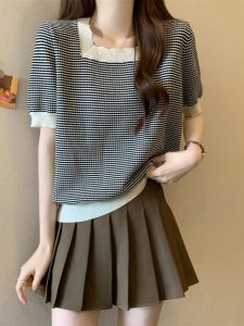 Ice Silk Plaid Knitwear Summer Short Sleeve Square Collar Big Size Womens Frock Cover Belly Korean Style Loose Fit Top