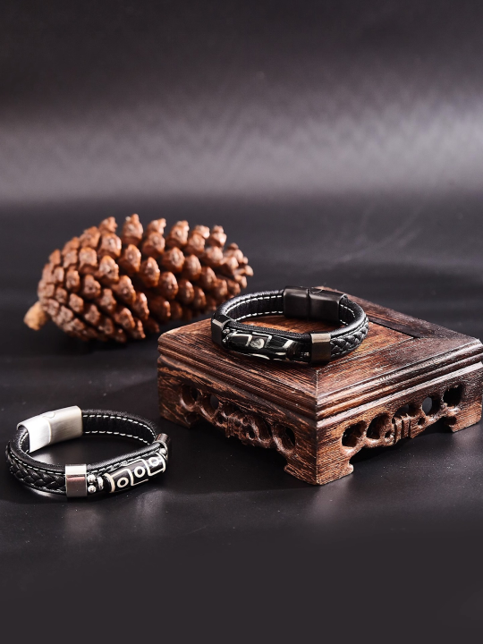 Tibetan Nine-Eyed Agate Bracelet Woven Leather Peace Couple