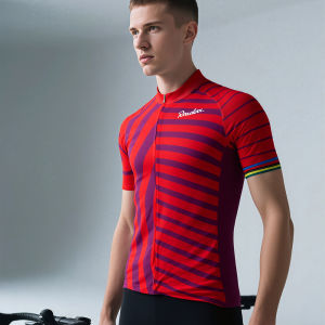 Raudax Red Cycling Jersey with Purple Stripe MTB Bike Top Short Sleeve Mountain Road Riding Clothing Bicycle Shirt