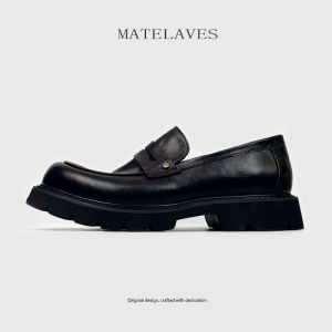 MATELAVES Mens Washed Leather Loafers Black Rivet Genuine Thick Bottom Heightening Derby Shoes Casual round Toe Rubber Sole