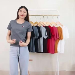 t5221# เสื้อยืด คอมกลมแขนสั้น เสื้อยืดผู้หญิง ทรงเต็มตัว ตกแต่งปักที่อก เนื้อผ้าร่อง ผ้าไม่หนาใส่สบาย