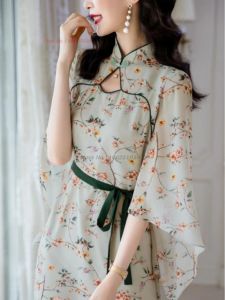 2026 chinese improved qipao dress national flower print chiffon cheongsam traditional hanfu princess dress banquet evening dress