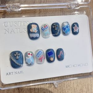 Handmade Wearable Nail Art Autumn Winter Vintage Denim Finished Nail Tips White Enhancing Individual Beauty False Nails
