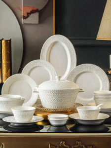 JINGDITAOCI | High Aesthetics Glazed Undercarved Ceramics Dinnerware Set