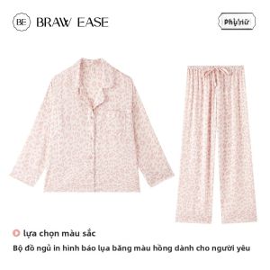 Bộ đồ ngủ BE làm bằng vải lụa băng dài tay quần dài in da báo thoải mái