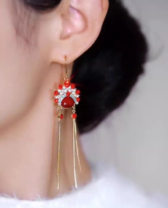 Red Long Tassel Earrings Womens Elegant Drop Earrings Suitable for New Years Festive Jewelry Accessories Korean Style