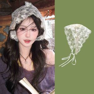 ผ้าโพกศีรษะลูกไม้ทรงสามเหลี่ยมสไตล์ย้อนยุคแบบฝรั่งเศสสำหรับผู้หญิง เครื่องประดับผม