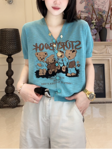 Shalldoer | Bear Letter Print Thin Knitted Cardigan Short Sleeve Ladies Casual Versatile Summer Fashionable Top Polyester Material V-Neck