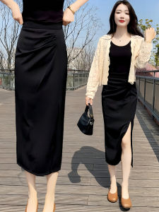 High Waist Sheath Skirt 2024 New Arrival Womens Summer Small Mid-Length Skirt Texture Fancy Slit Office Lady Skirt
