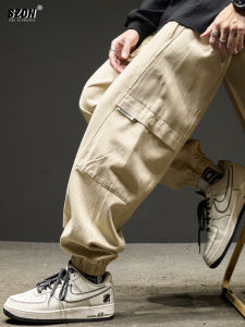 Mens Casual Cotton Work Trousers Spring Autumn Loose Splicing Cargo Pants Soldier Style Drawstring Elastic Waist Jeans