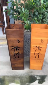 กล่องใส่ร่ม ไม้สัก ฉลุลายต้นมะพร้าว  18x18xสูง58cm ทรงสี่เหลี่ยม กล่องใส่ไม้กวาด ตะกร้าใส่ร่ม  เก็บเสื่อโยคะ