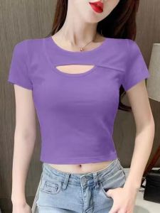 Slimming High Waist Hollow Design Short Sleeve T-Shirt Womens Summer New Style Korean Version Commute Creative Cartoon Print