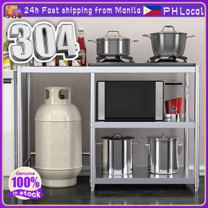 304 Stainless Steel Gas Stove Rack Stand Heavy Duty Stove Stand Rack with LPG roller KGS 124 Thicken 3 Layer Kitchen Rack Space Saver Multi-layer Gas Stove Bench Microwave Oven Stand Rack Vegetable Cutting Table Combination Storage Rack